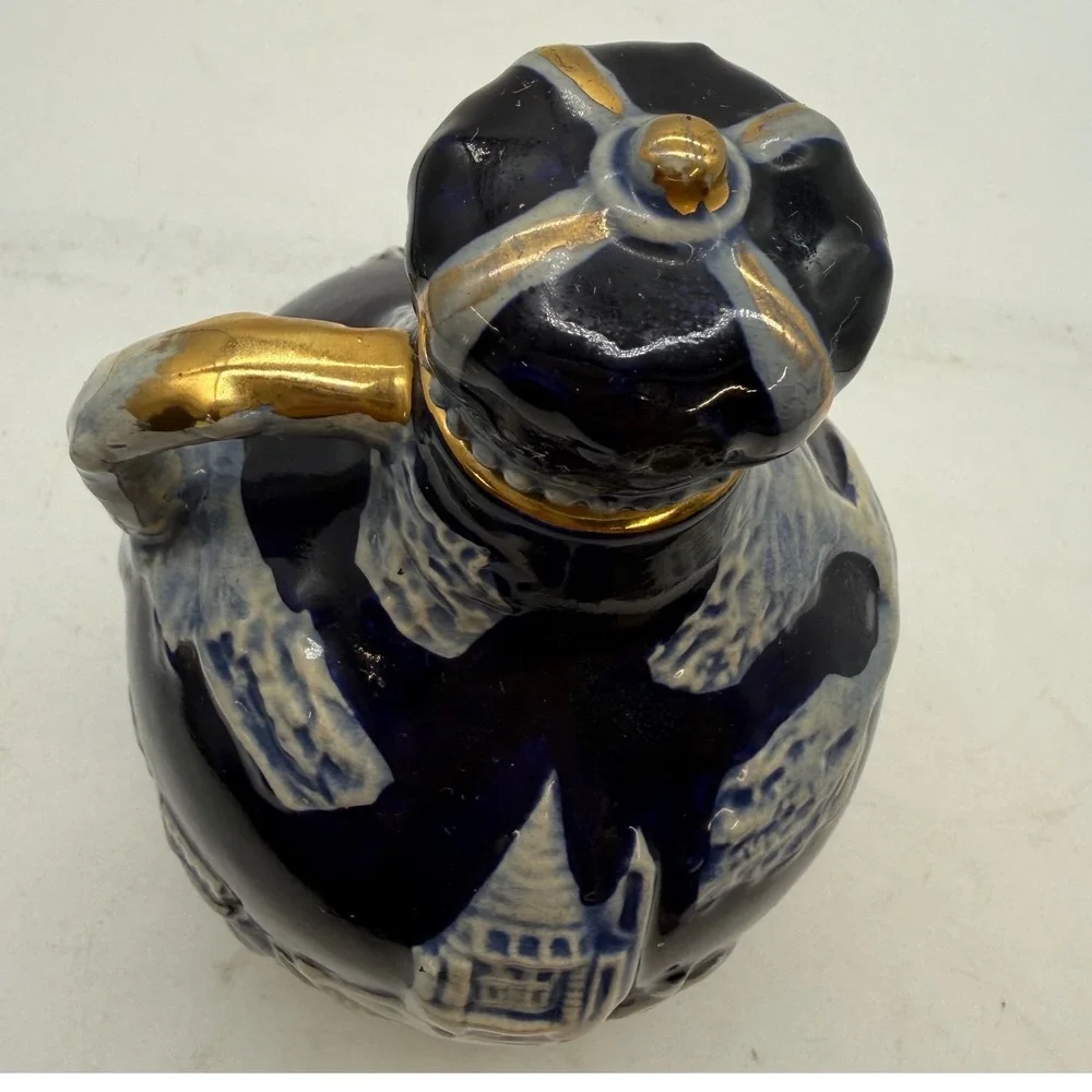 Vintage Japan Cobalt Ceramic Musical Decanter Castle Crown Stopper Gold Trim